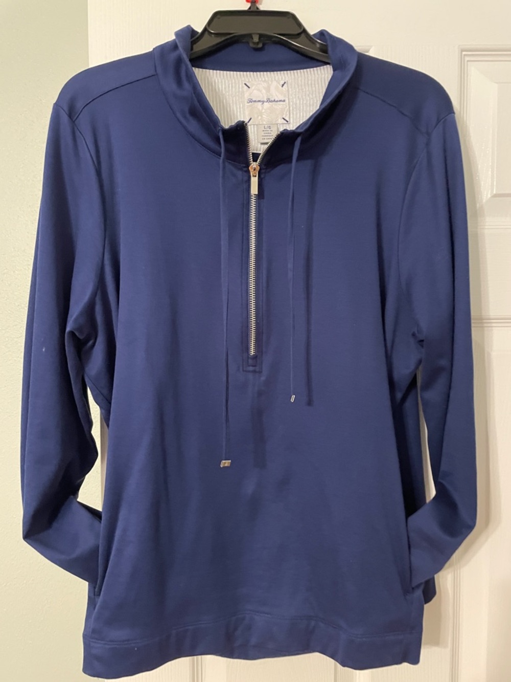 Tommy Bahama Navy Blue Quarter-Zip 100% Pima Cotton Pullover with 2 pocket pouch